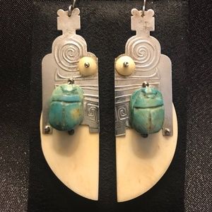 Tabra Carved Faience Scarab Earrings Boho Signed